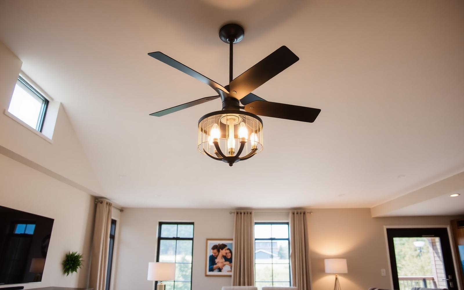 A modern living room with a designer light fixture and ceiling fan
